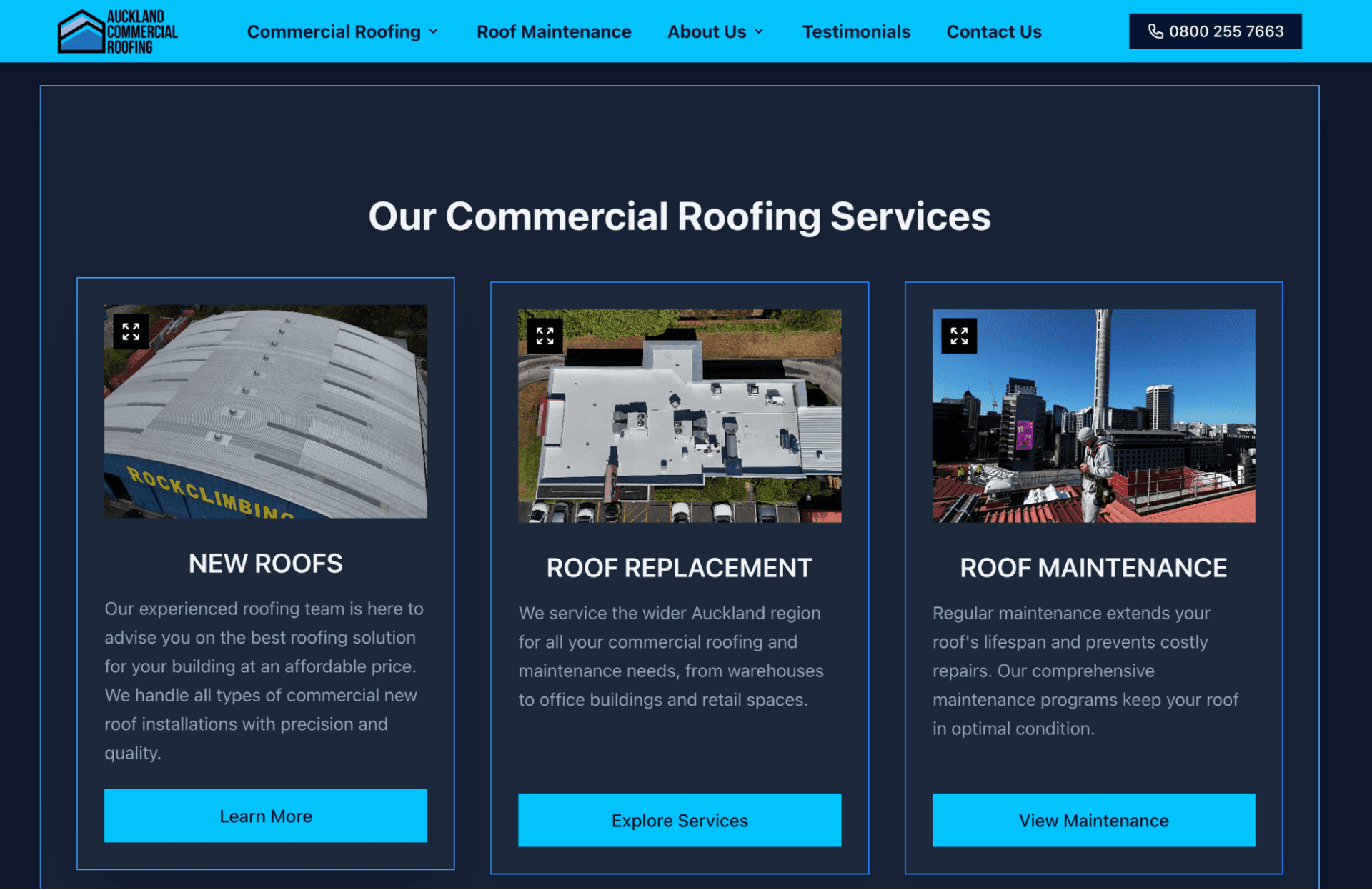 Auckland Commercial Roofing new website by Tiberius - services