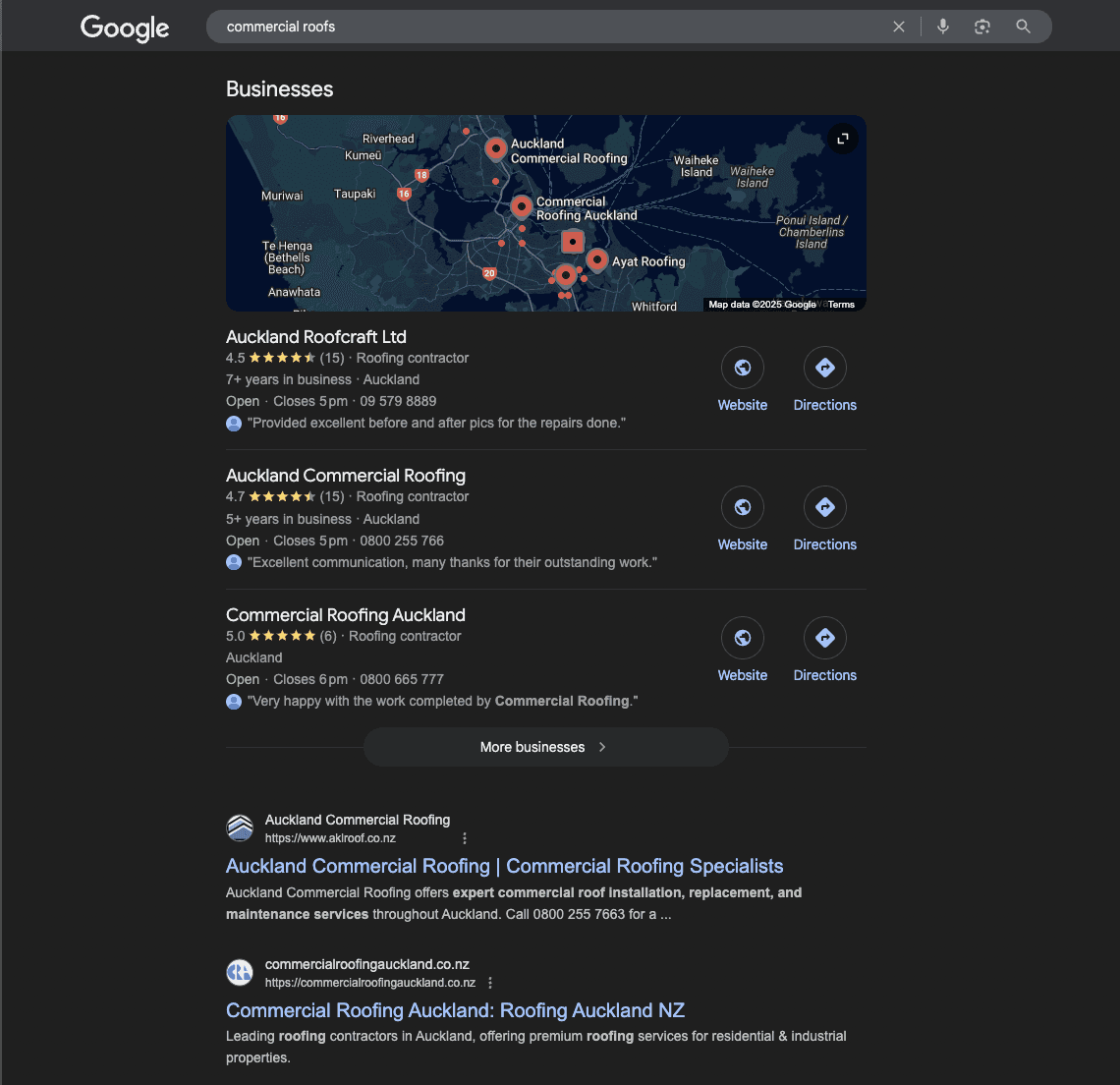 Google search results showing Auckland Commercial Roofing ranking #1 for commercial roofs